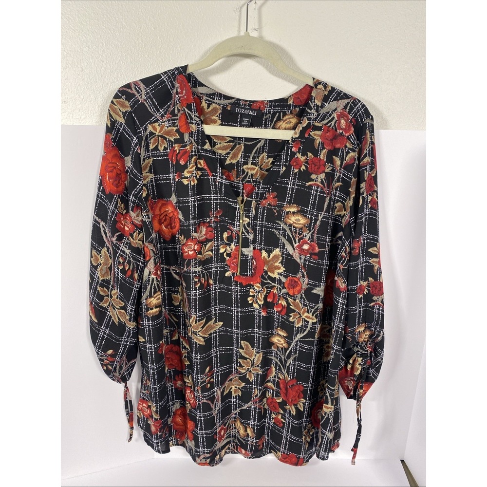 Roz & Ali‎ Tunic 1/4 Zip Neck 3/4 Sleeve 2X  Plus Floral R1